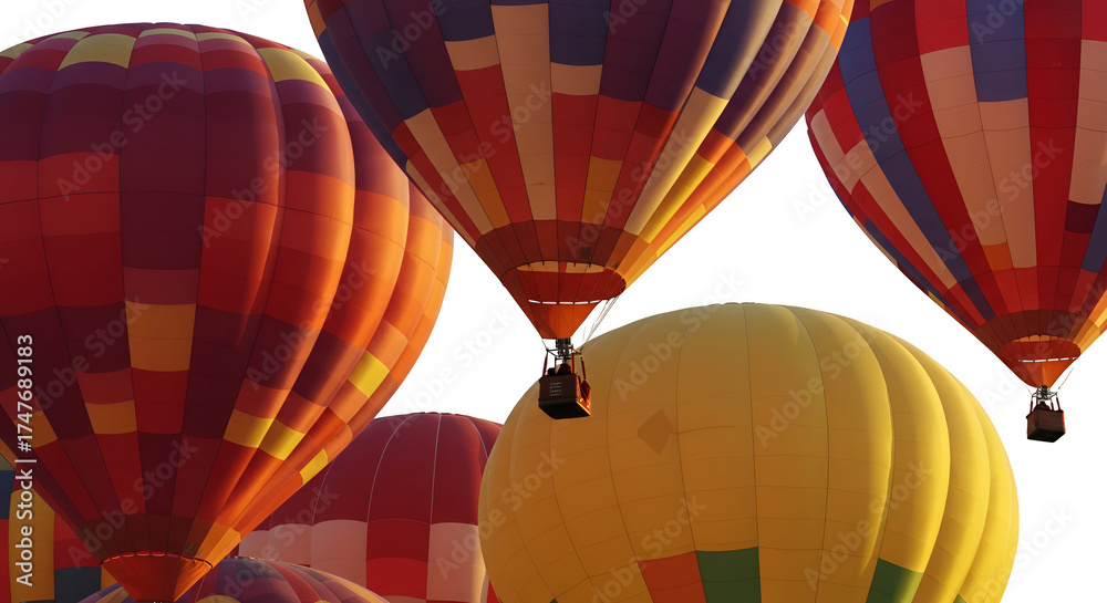 Obraz premium Colorful Hot Air Balloons Ascending Sunlit Sky Realistic Photo