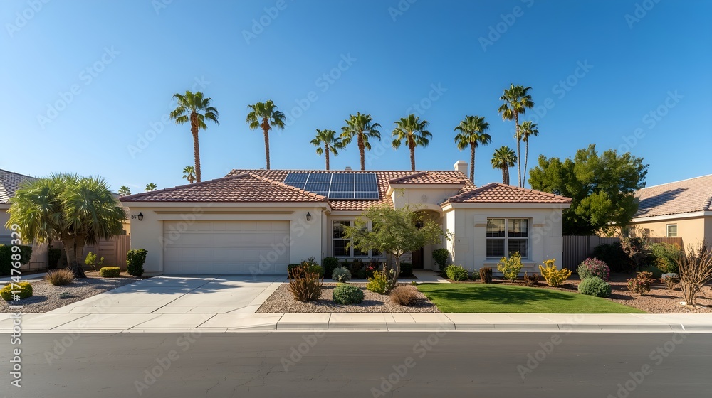 Fototapeta premium A charming brick house with a pitched roof adorned with solar panels set against a clear blue sky with a bare tree in the foreground