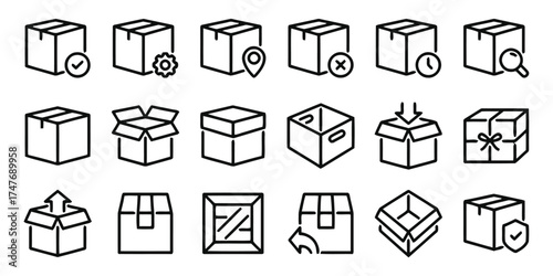 box, package, delivery, shipping, logistics, parcel, icon, set, collection, graphic, design, symbol, outline, line art, check mark, gear, location pin, cross mark, clock, magnifying glass, open box, c