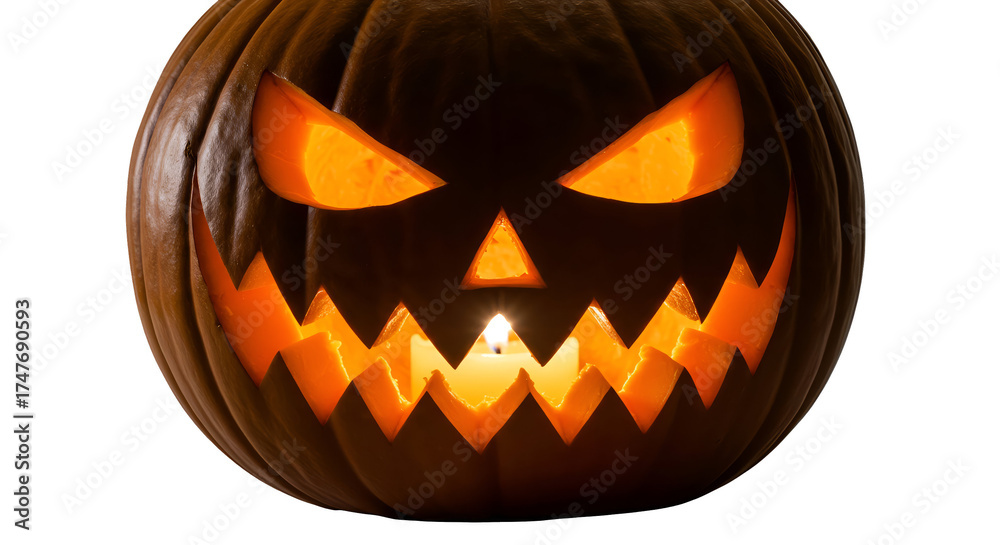 Fototapeta premium Illustration Scary Jack O Lantern Pumpkin Glowing Orange Light Isolated