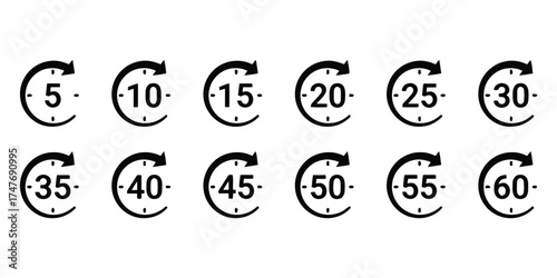 timer, clock, countdown, time, number, icon, set, collection, circular arrow, speed, duration, interval, schedule, deadline, minutes, seconds, graphic, design, symbol, outline, black, white, fast, qui