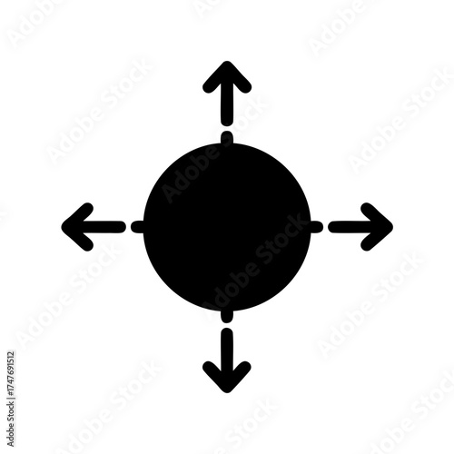 Black circle with arrows pointing in four directions on a white background