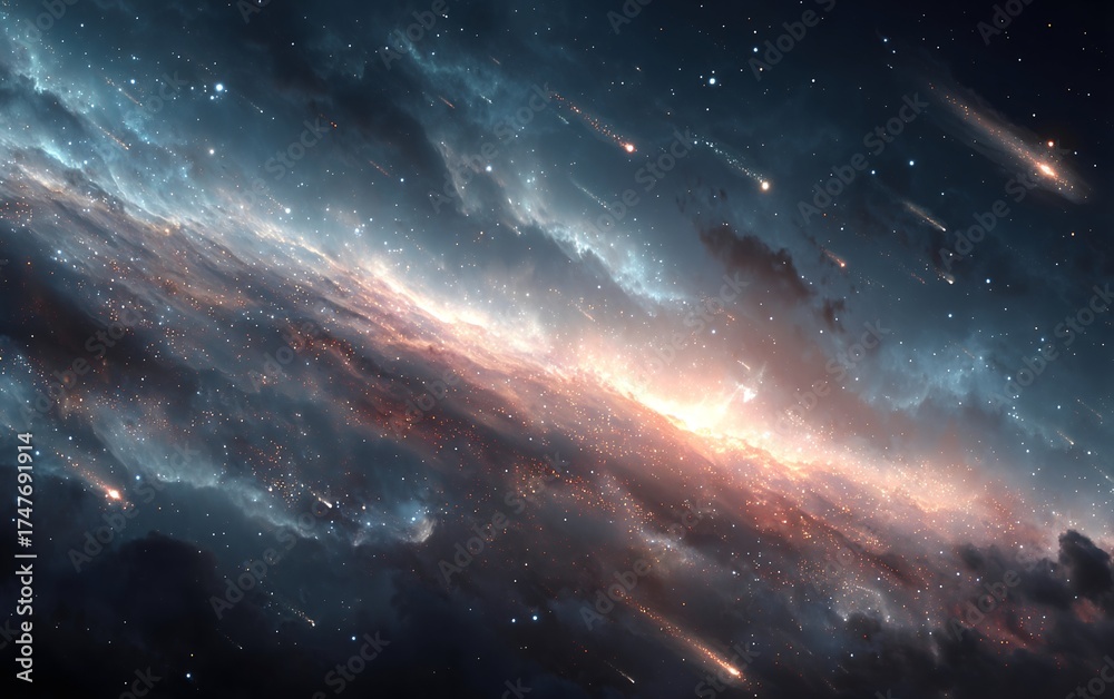 Fototapeta premium Enchanting nebula with stars in the sky against a space background with glowing dust streaks