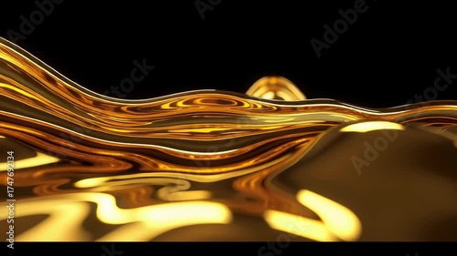 Abstract 3D render of liquid oil waves flowing like molten gold, luxury energy concept, soft studio lighting.