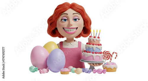 Illustration Woman Holding Birthday Cake With Easter Eggs And Candy
