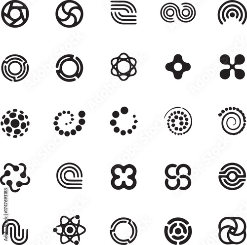 A vector illustration set of black and white icons featuring a gear, flower, clock, and football design