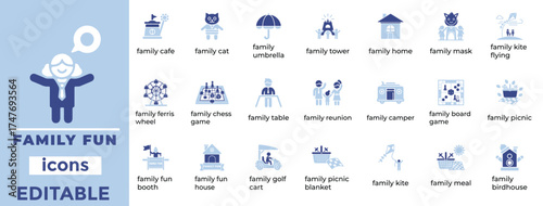 Clean family fun vector icons for lifestyle, leisure, and parenting designs with modern, playful, editable style.