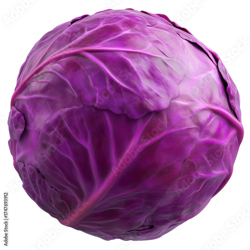 Vividly detailed purple cabbage showing textured leaves and veins isolated on white background