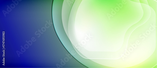 Abstract background features flowing shapes, gradients. Blue transitions into vibrant green, creating smooth visual effect. Modern design.