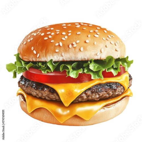 Delicious double cheeseburger with fresh lettuce and ripe tomato slice isolated on white background