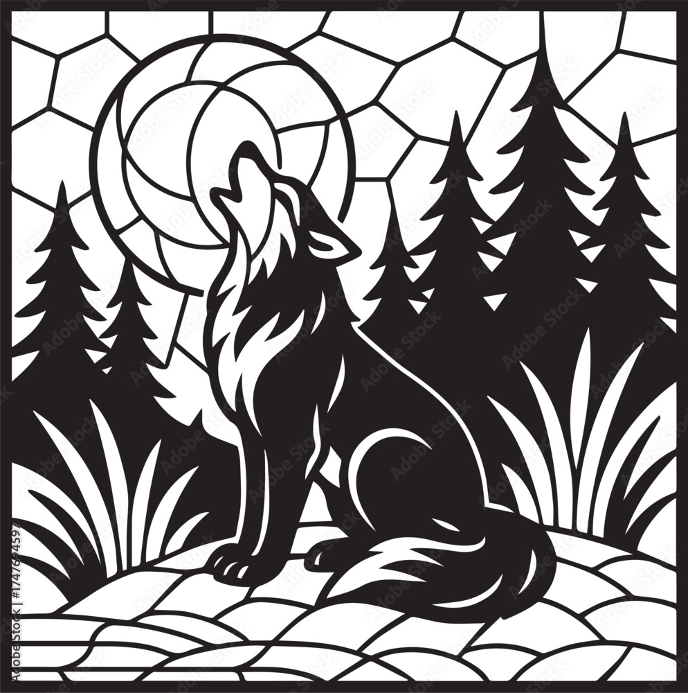 Fototapeta premium Wolf Howling at Moon Mosaic - Mosaic Wolf Silhouette, Mosaic Woodland Animals clipart, Wolf graphic design, Mosaic forest Wolf sublimation 
