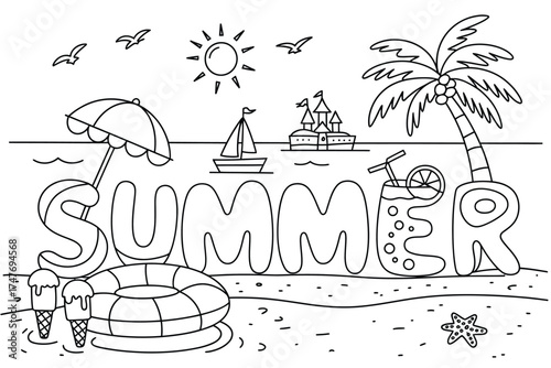 Vector black and white summer themed line art illustration scalable eps icon vector