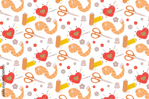 Sewing Pattern with Buttons Scissors and Threads Illustration