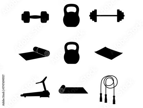 A vector illustration set of gym and fitness equipment icons. Black silhouettes for workout training