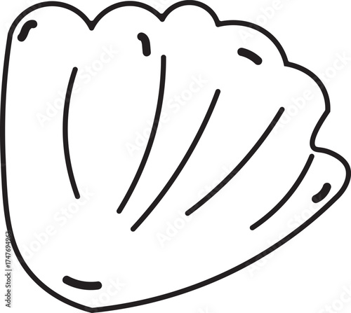 Simple vector line art doodle illustration of a ribbed clam or scallop seashell. Minimalist drawing perfect for sea, beach, ocean, summer, and marine life themes. Black outline on white.