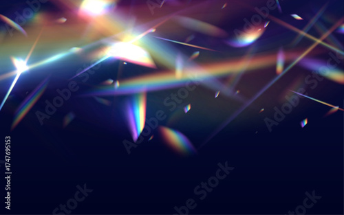 Prismatic light dances on a dark background, creating a kaleidoscope of colors. Crystal reflection adds realism and sparkle. Excellent for modern designs. PNG