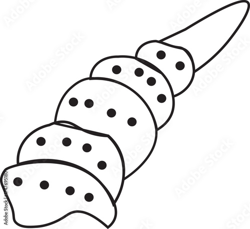 Simple vector line art doodle illustration of a long, spiraled seashell, possibly a turret shell. Minimalist drawing perfect for beach, sea, ocean, summer, and marine themes. Black outline on white.