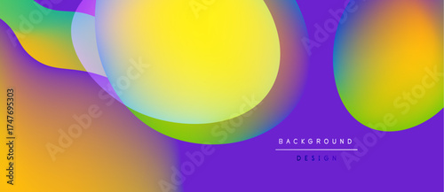 Abstract colorful shapes overlap. Vibrant gradients create modern background design. Purple dominates lower portion. Yellow sphere prominent.