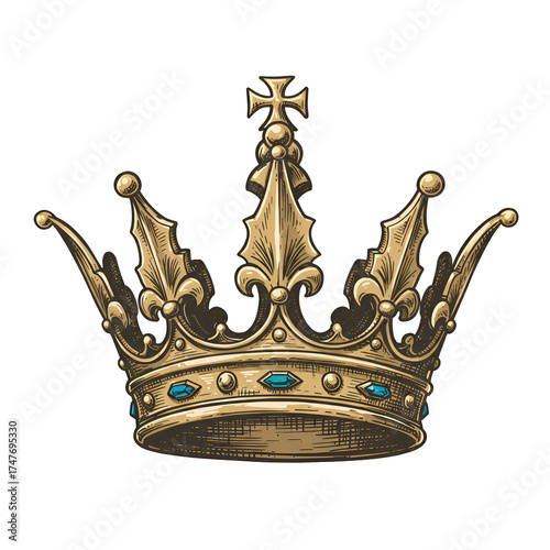 Isolated Golden Royal Crown Illustration with Blue Gems