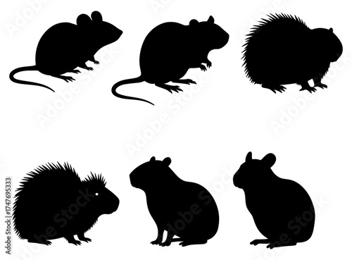 A collection of various rodent silhouettes including a mouse, rat, and porcupine in a vector set