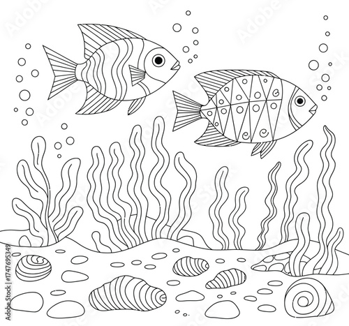 Scalable vector illustration of two fish swimming among aquatic plants and rocks vector