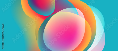 Abstract colorful circles overlap, creating vibrant gradients. Smooth transitions suggest fluidity, warmth, coolness. Modern design element.