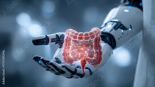 In a medical context, a robotic hand of the future shows a 3D large intestine model. This highlights how AI can aid intestinal disease medical care.
 