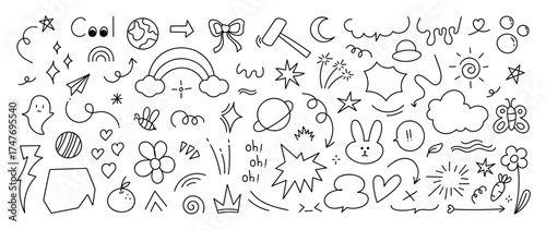 Cute doodle elements vector set with hand drawn clouds, rainbows, planets, stars, hearts, sparkles, flowers and playful sketch icons. Charming design for backgrounds, packaging and creative greeting c