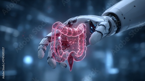 In a medical context, a robotic hand of the future shows a 3D large intestine model. This highlights how AI can aid intestinal disease medical care.
 