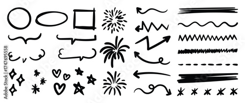 Arrow Hand drawn black doodle elements vector set with bold sketch icons and simple decorative symbols. Perfect design for note decoration, packaging, backgrounds and creative projects.