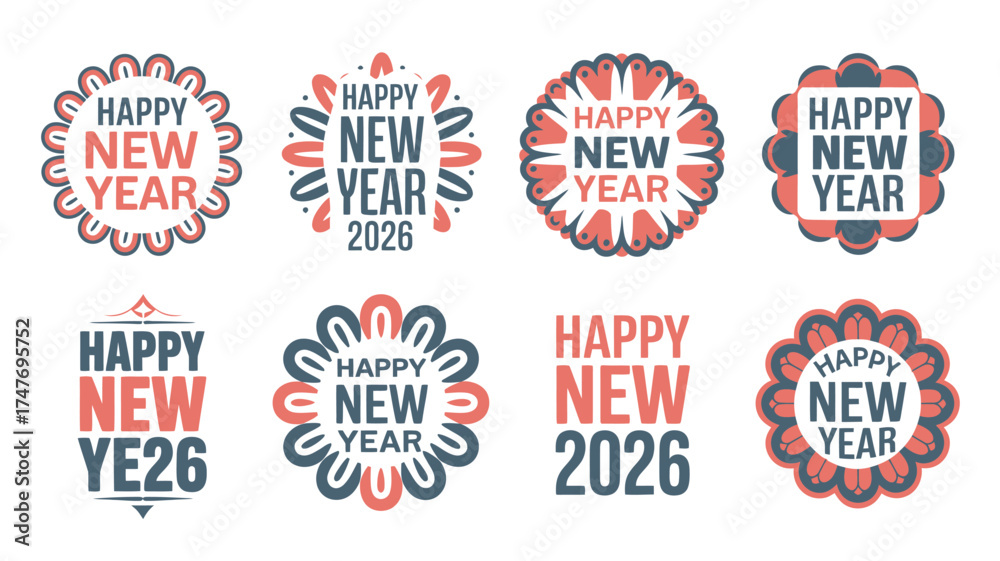 Obraz premium Eight Unique Happy New Year Stickers, Year 2026, in Fun Circular Designs on White