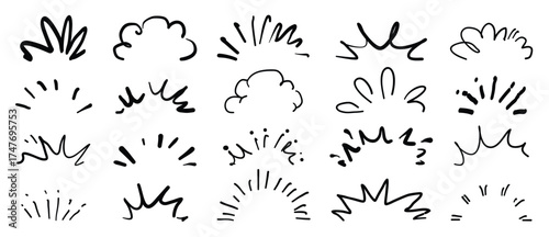 Comic doodle effect elements vector set with hand drawn explosions, clouds, lightning, motion lines, exclamation marks and expressive sketch icons. Perfect design for backgrounds, packaging and creati