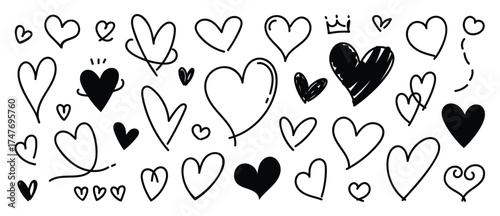 Hand drawn heart doodle elements vector set with cute sketch hearts, crowns, arrows and playful decorative icons. Lovely design for backgrounds, packaging and creative greeting cards.