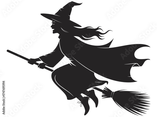 Silhouette illustration of a witch flying on a broomstick for halloween vector art vector