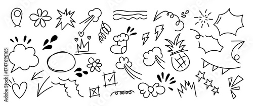 Cute doodle elements vector set with hand drawn clouds, rainbows, planets, stars, hearts, sparkles, flowers and playful sketch icons. Charming design for backgrounds, packaging and creative greeting c