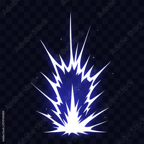 Manga thunder effect shows comic power background with energy manga strike forming explosion. Manga thunder burst rises upward in sharp spiked flash impact with abstract electric spark.
