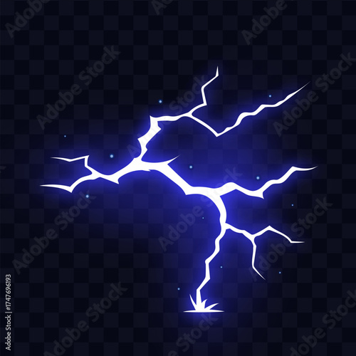 Manga thunder effect shows comic power as energy manga bolt strikes in crack lines. Manga thunder flash spreads horizontal branches glowing with electric spark isolated on transparent background.