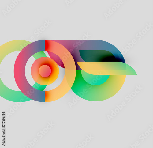Abstract colorful circles overlap creating dynamic visual effect. Gradient hues blend, forming modern design element. Smooth transitions present.