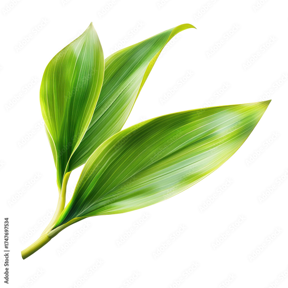 Fototapeta premium Three vibrant green leaves with delicate yellow edges on a single stem isolated on white background