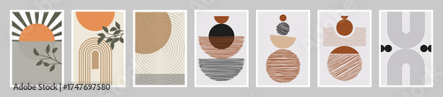 Modern boho wall art prints set of seven minimalist geometric posters with earthy tones of terracotta beige and brown featuring sun shapes arches and abstract mid century style for home décor