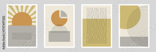 Minimal geometric abstract posters set in neutral beige and brown tones with sun and circle shapes, modern mid century vector art for interior decor, design prints, or wall frames