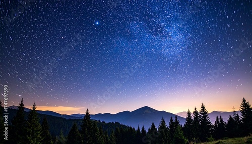 煌めく満天の星空とシルエットの山や森