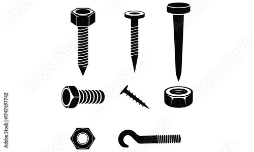 Set of black bolt screw and nut icons isolated on white background
