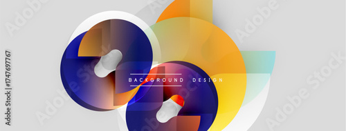 Abstract shapes overlap, creating vibrant color gradients. Modern design elements suggest dynamic movement, smooth transitions.