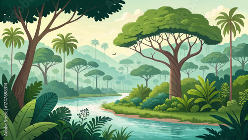 Flat minimal cartoon of Amazon forest with green trees, flat shapes, calm river, tropical plants, clean bright vector landscape