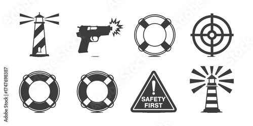 Vector graphics collection featuring lighthouses lifebuoys gun target and safety sign icons vector