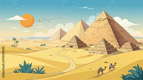 Flat minimal cartoon of Giza pyramids with clean geometric shapes, bright yellow desert, orange sun, clear blue sky, modern vector style