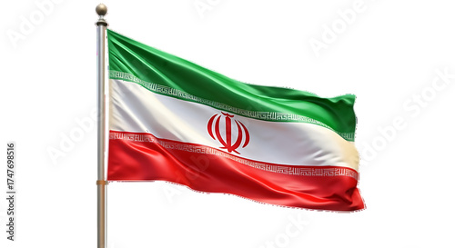 The national flag of iran a tricolor of green white and red stripes proudly waving on a flagpole against a dark background