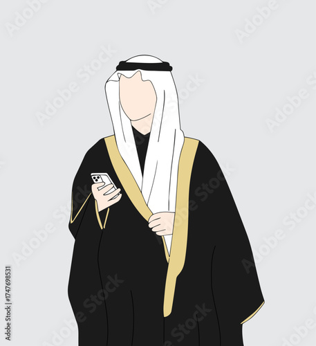 Arab Man in Traditional Thobe Using Smartphone – Minimal Vector Illustration