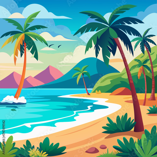 Tropical beach with palm trees and blue sea